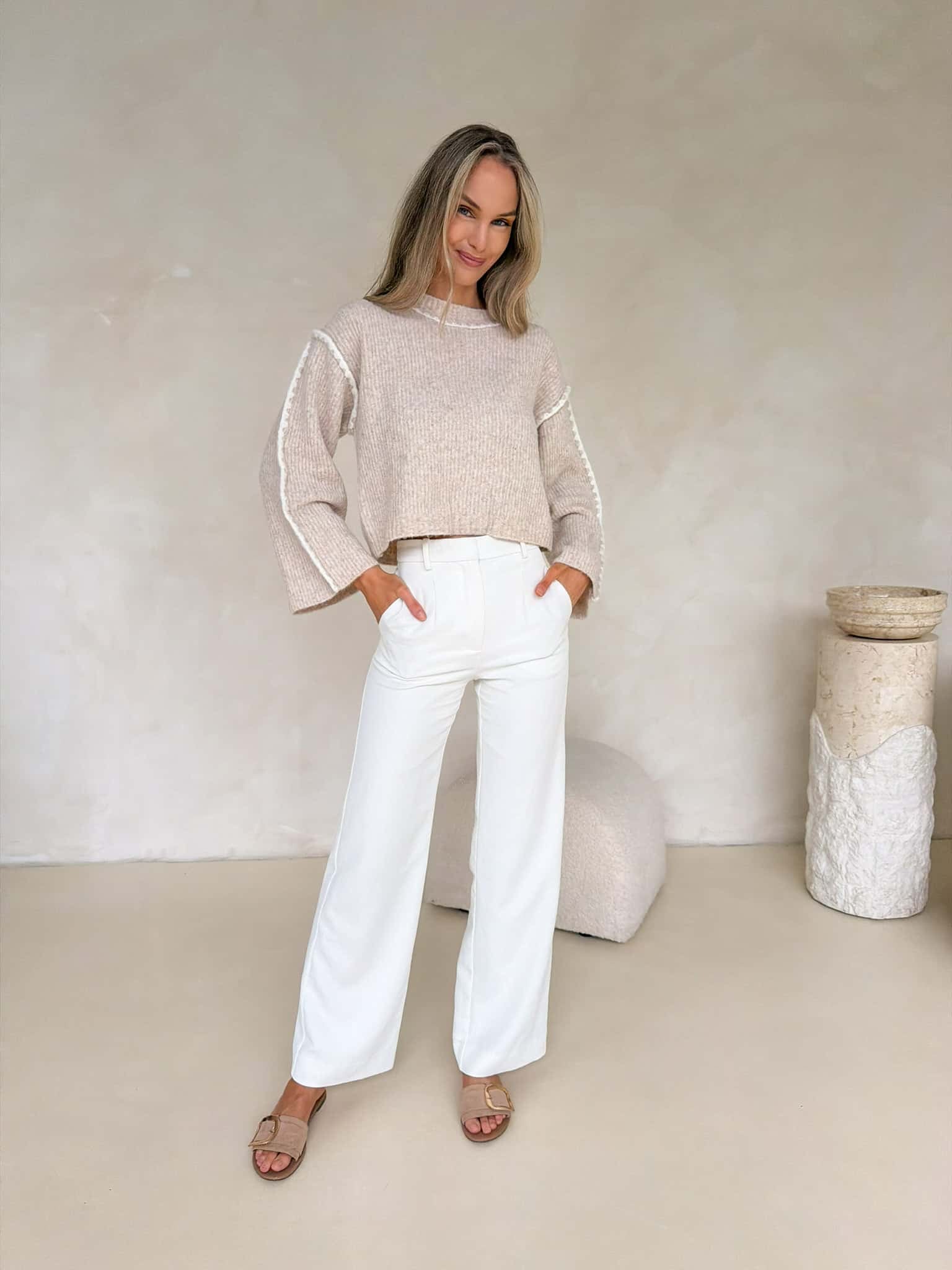 Della Cropped Knit - Cream Marle