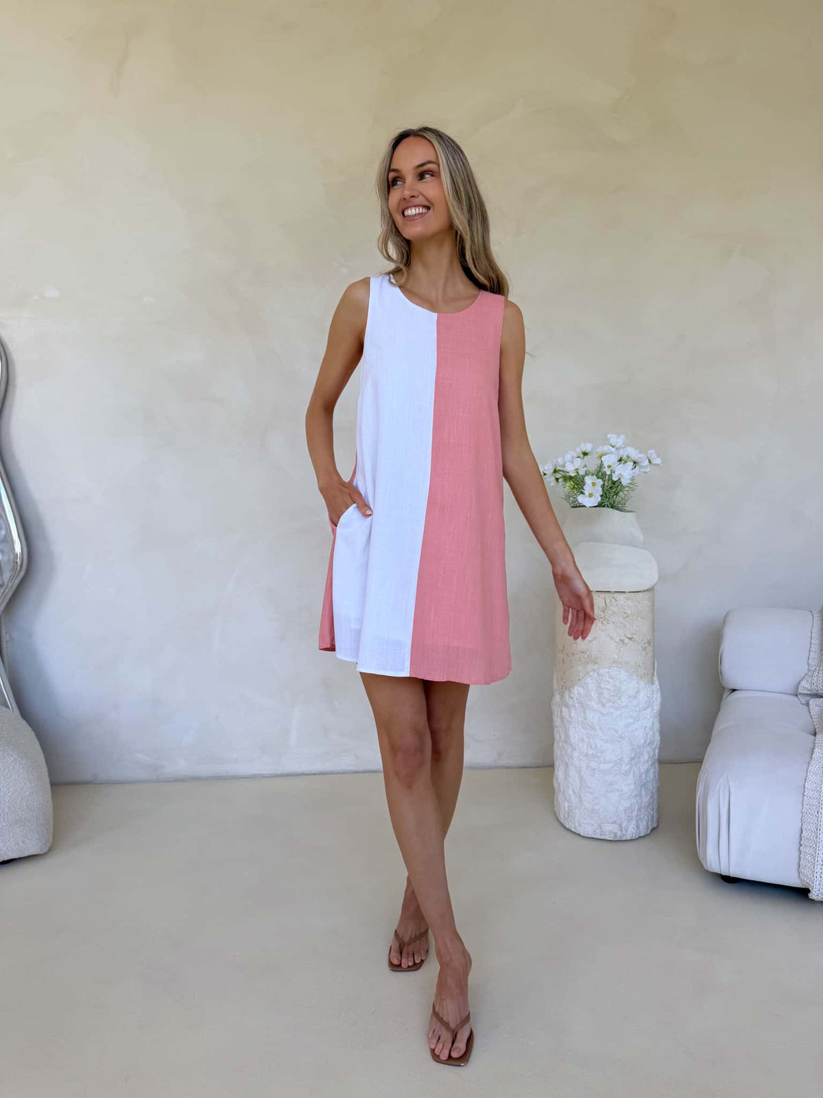 Freya Dress - Salmon & White