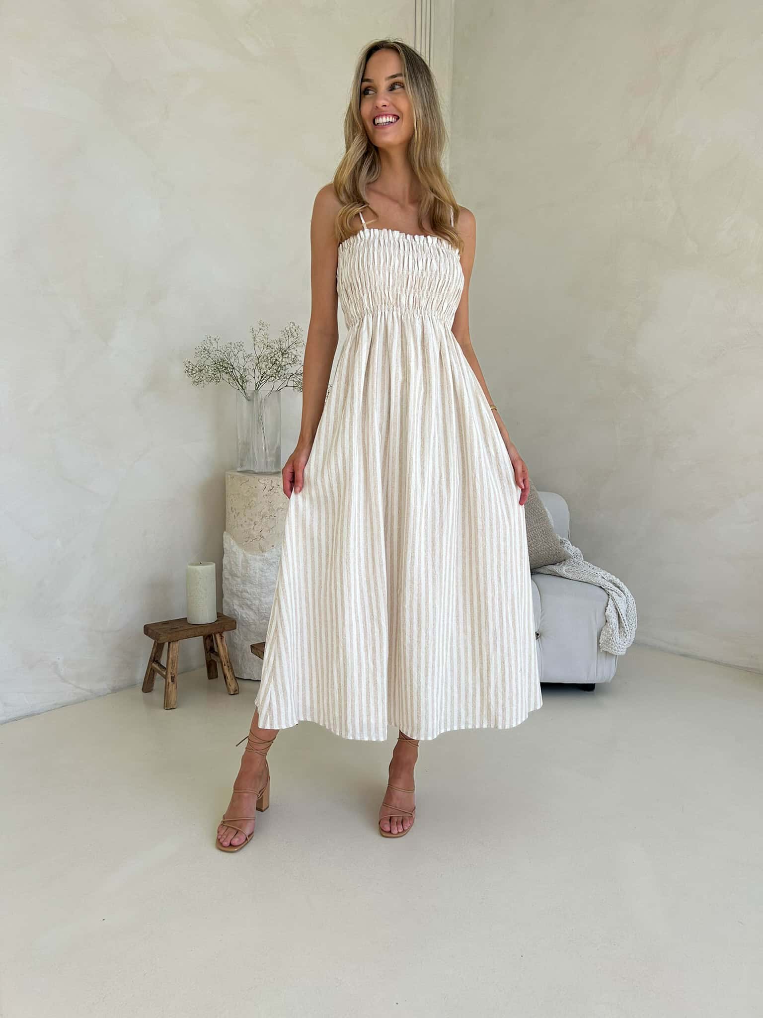 Palm Cove Dress - Beige & White Stripe