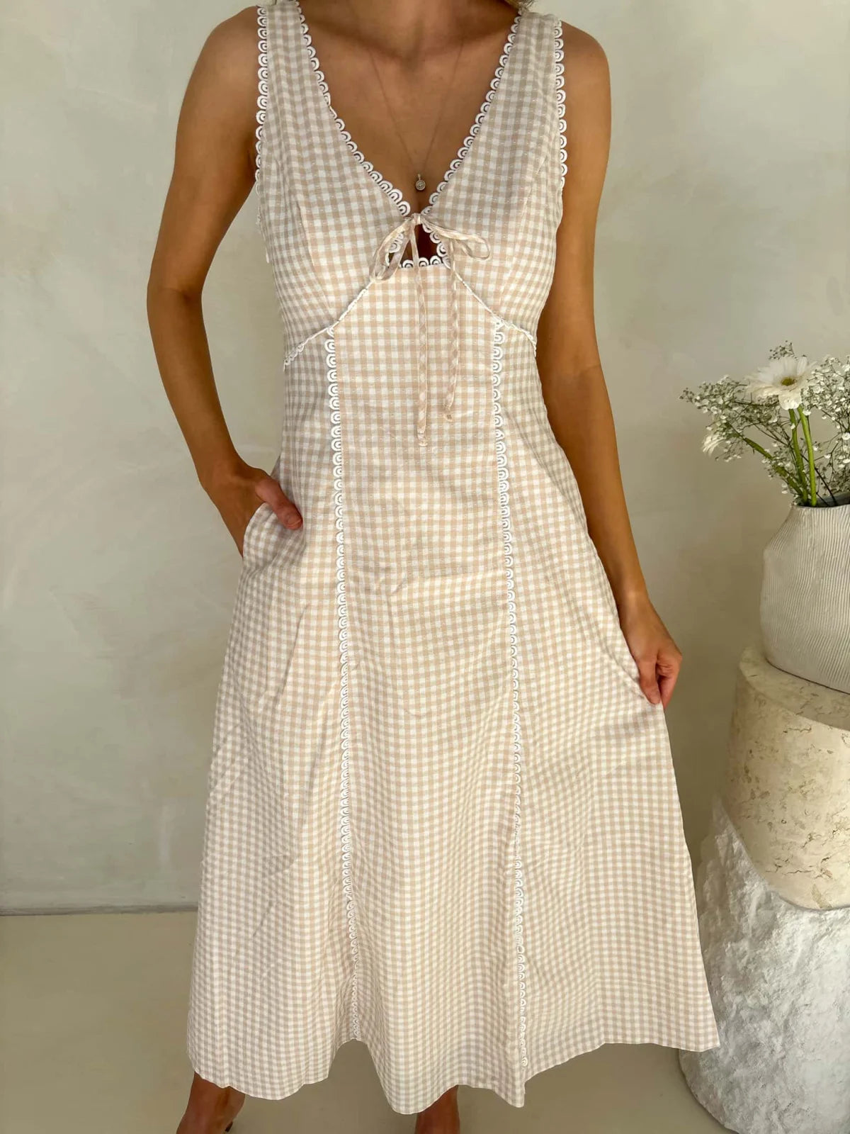 Margot Dress- Beige Gingham Dress