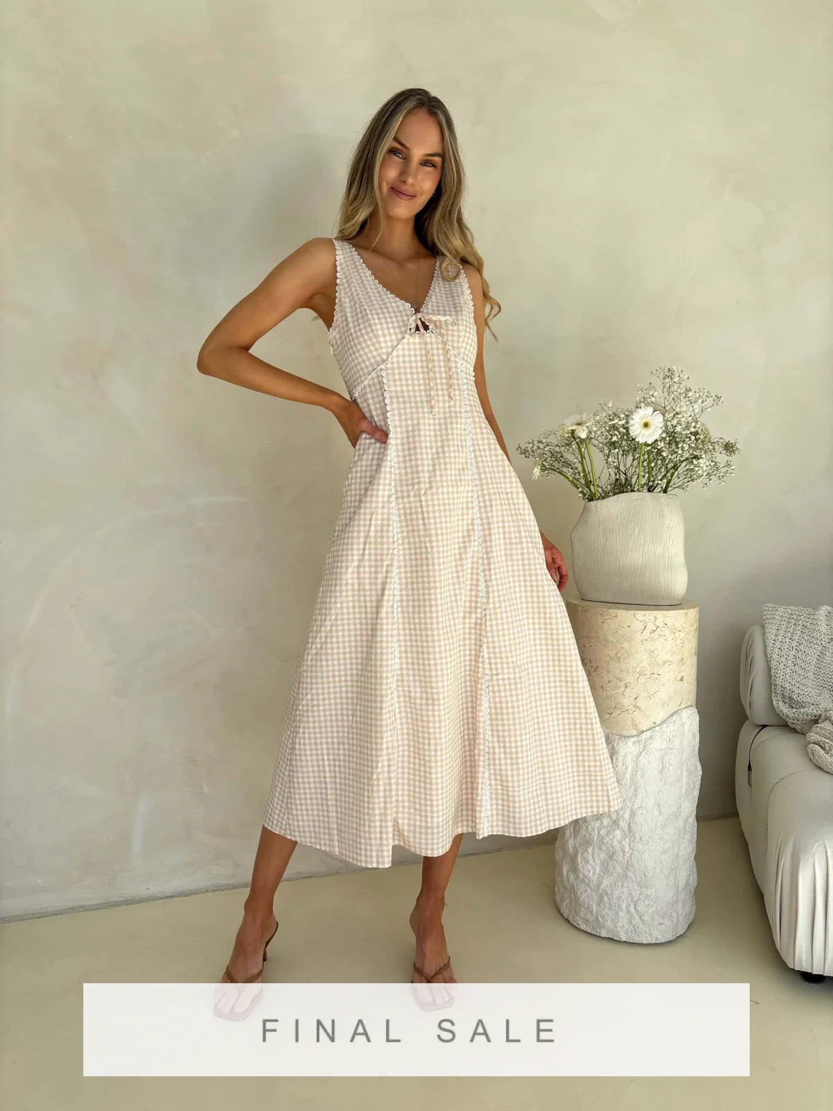 Margot Dress- Beige Gingham Dress