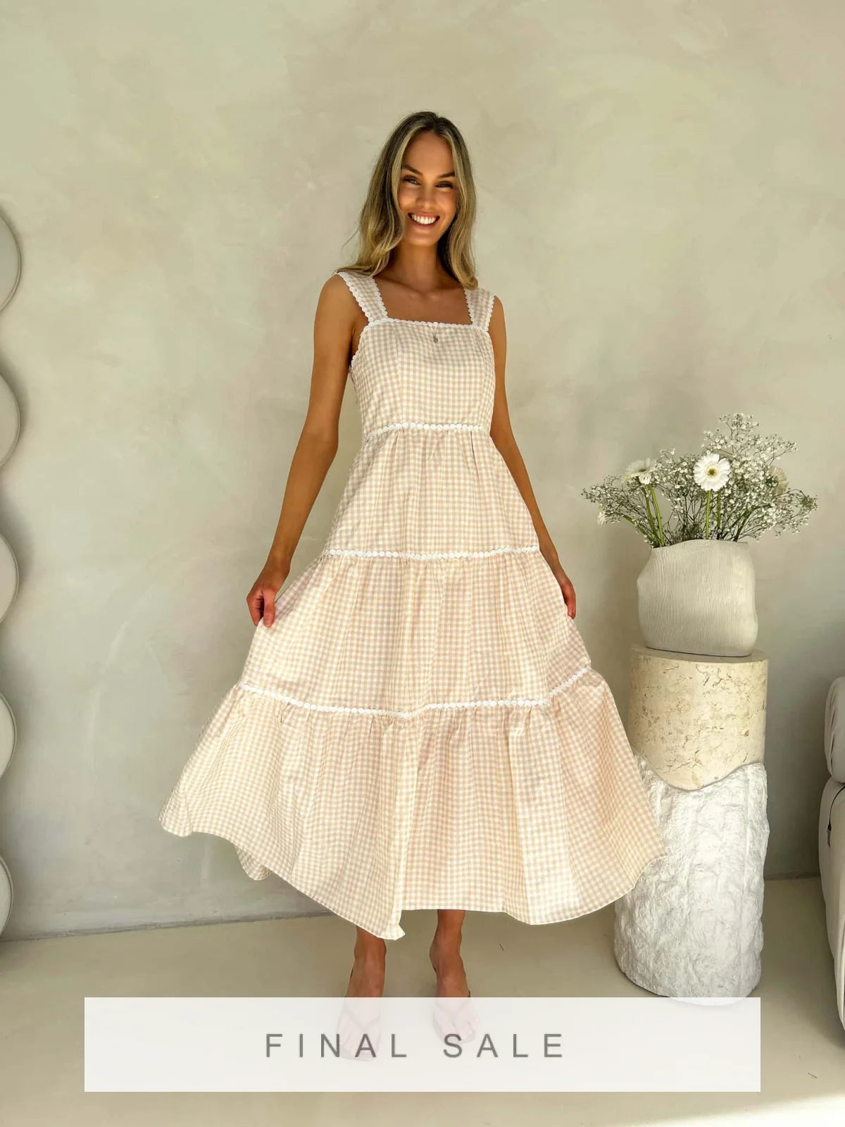 Nelli Maxi Dress - Beige Gingham Dress