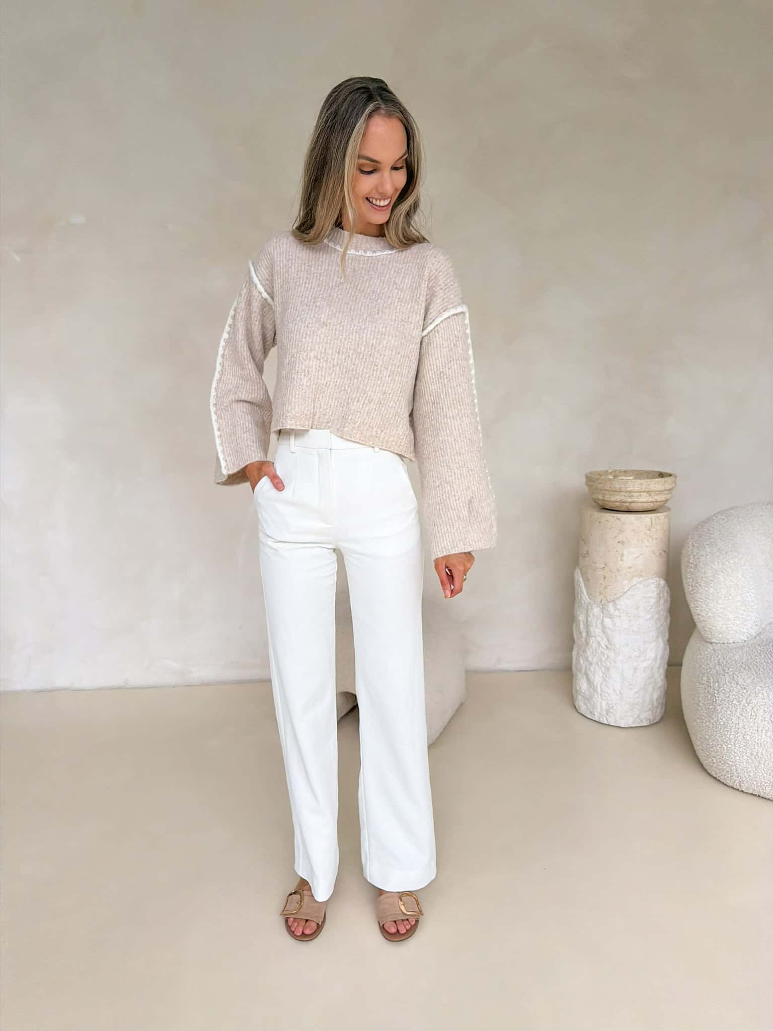 Della Cropped Knit - Cream Marle
