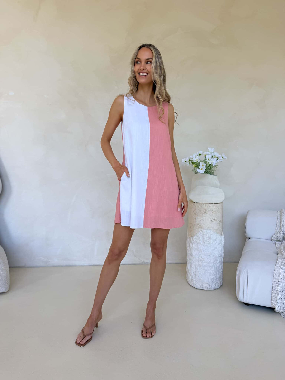 Freya Dress - Salmon & White