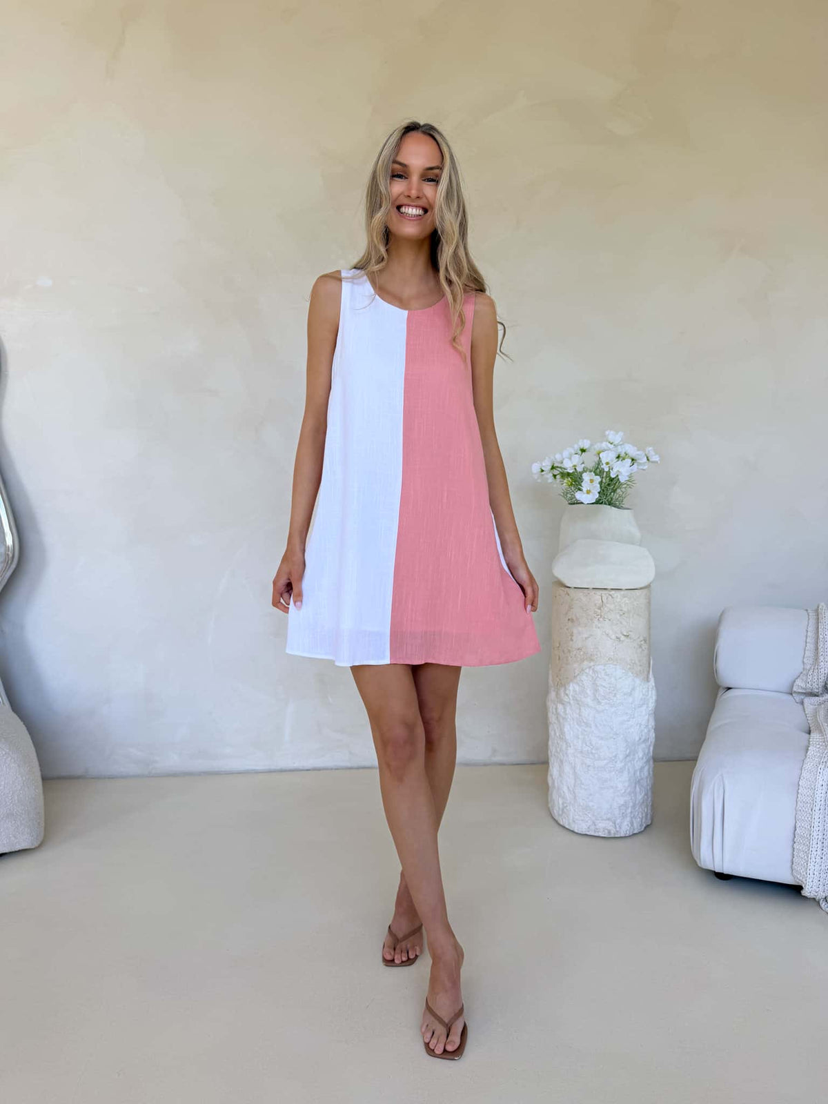 Freya Dress - Salmon & White