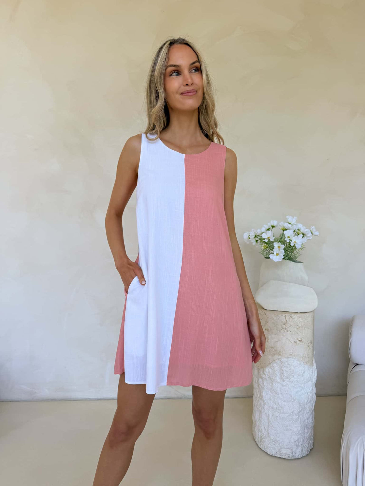 Freya Dress - Salmon & White