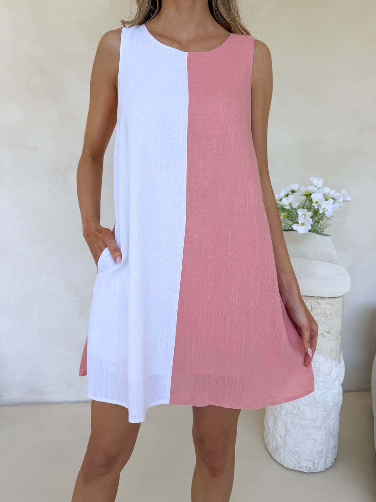 Freya Dress - Salmon & White