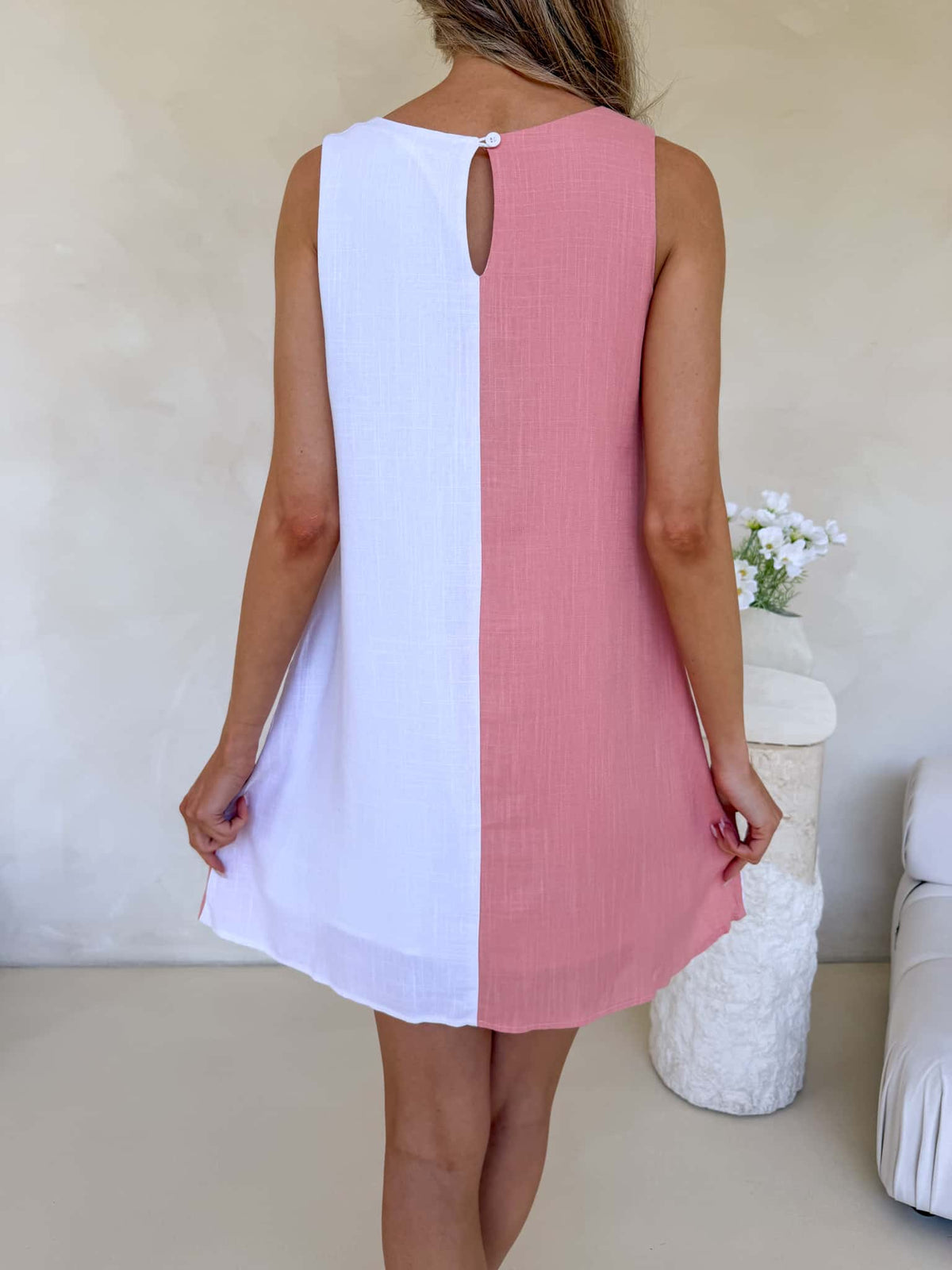 Freya Dress - Salmon & White