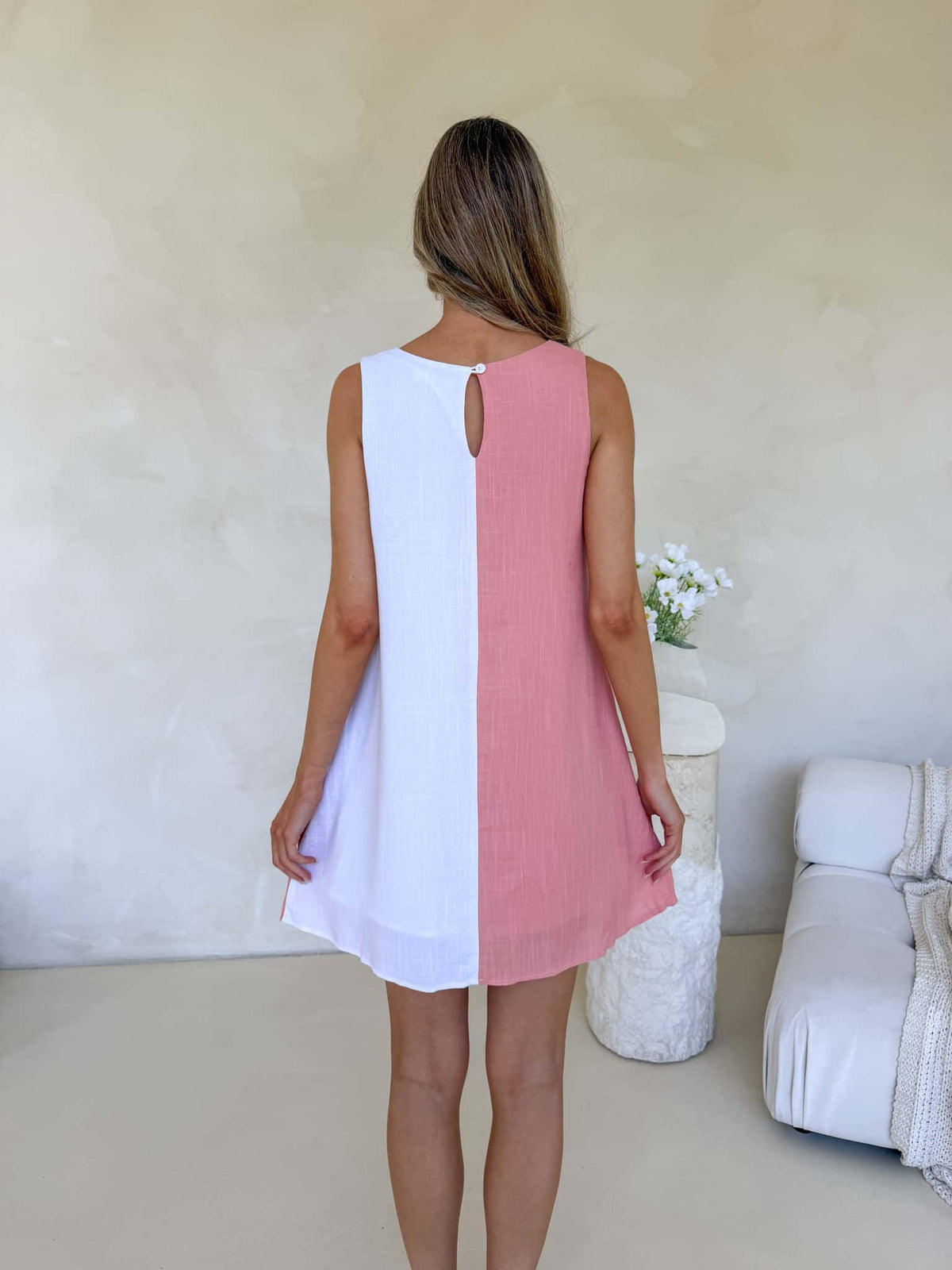 Freya Dress - Salmon & White
