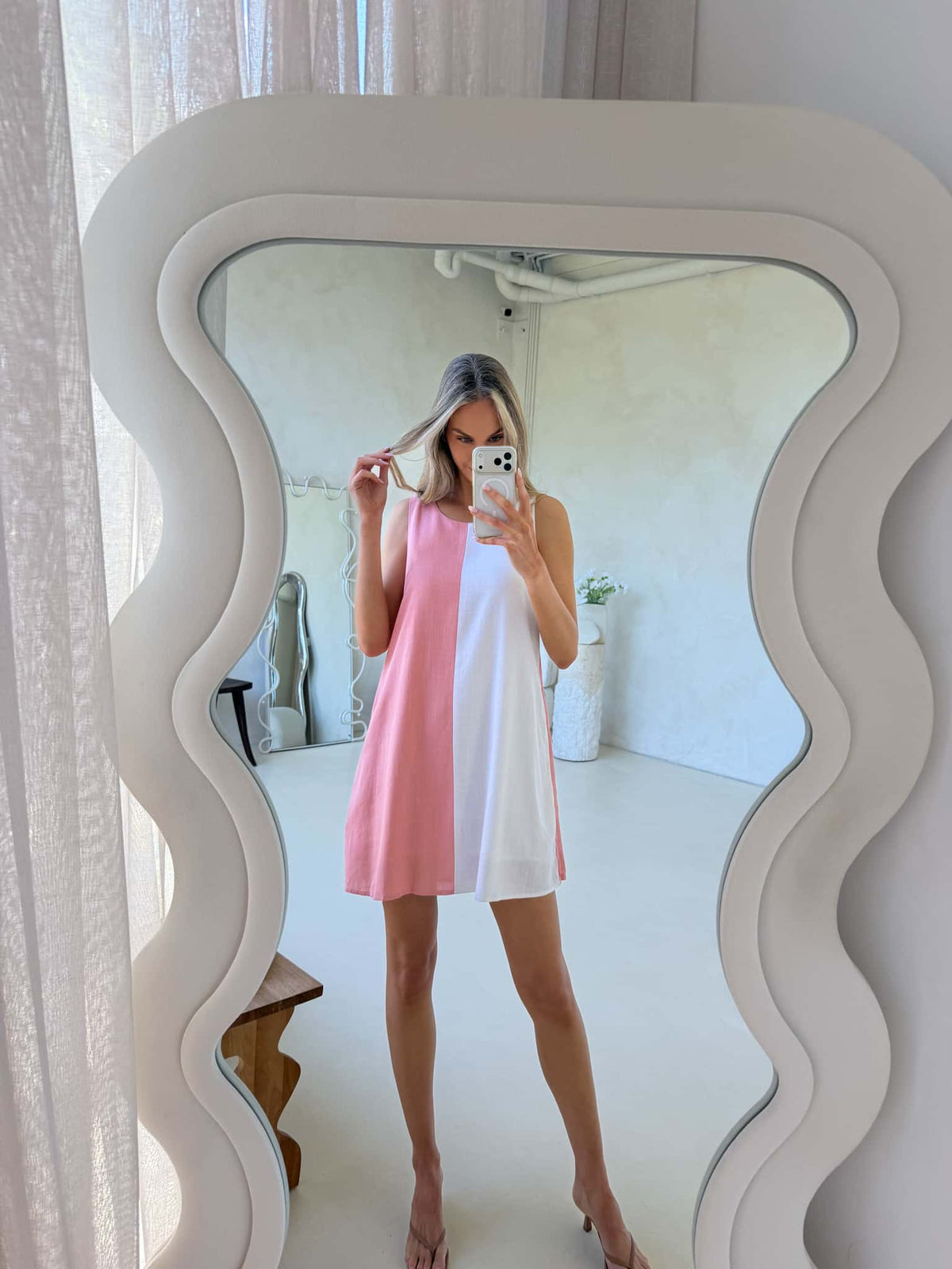 Freya Dress - Salmon & White