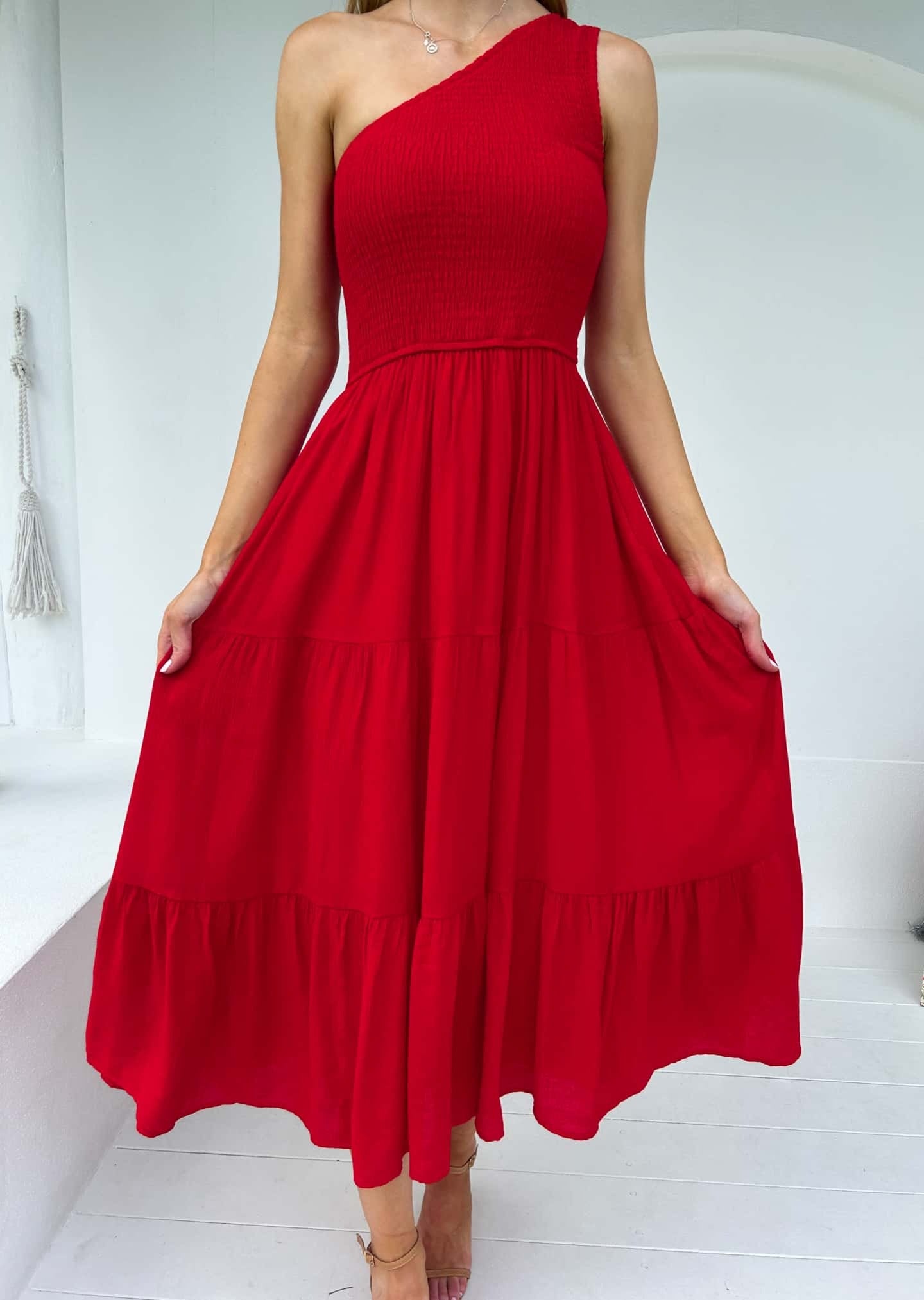 Cierra One Shoulder Dress - Red