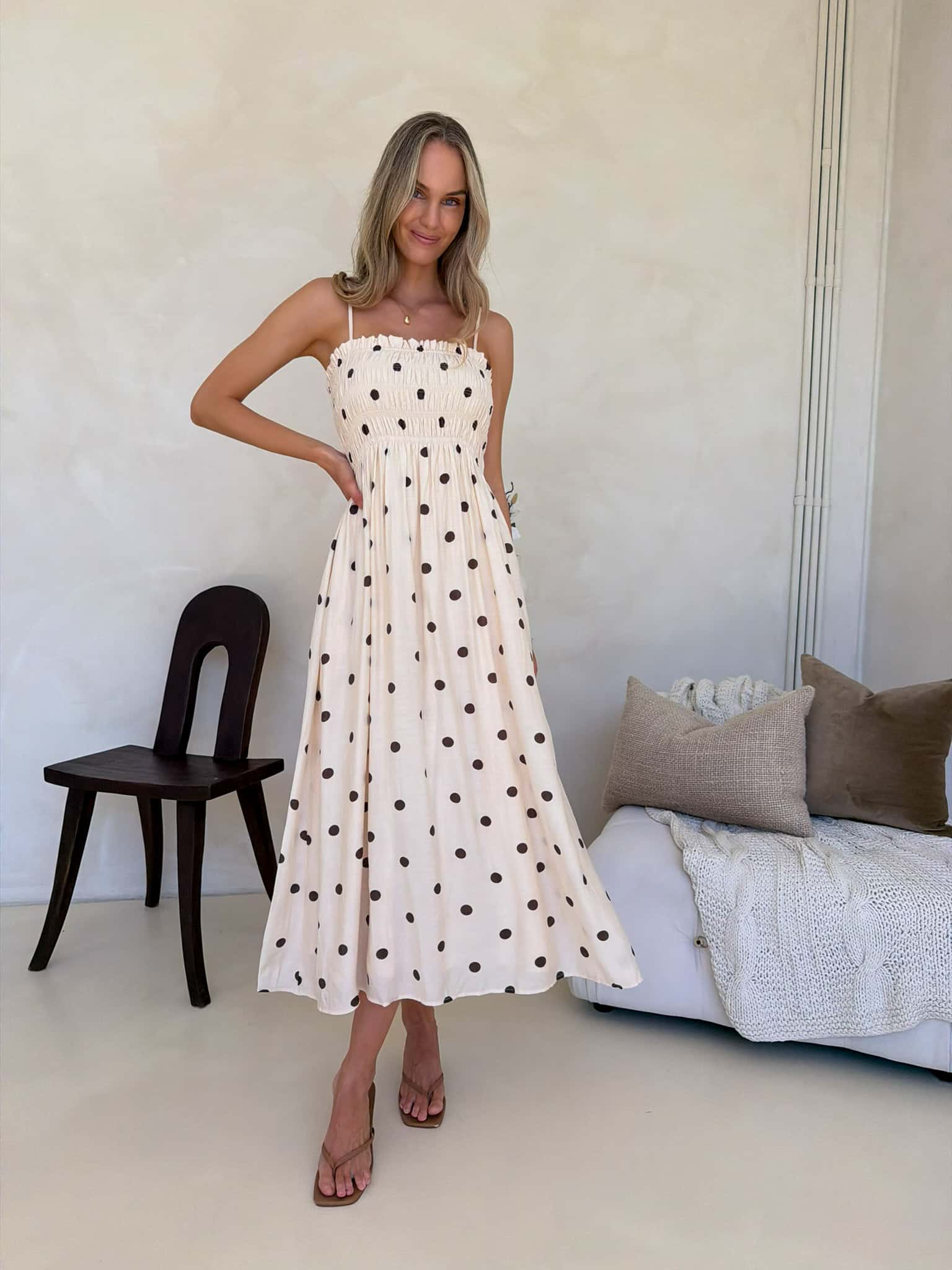 Palm Cove Dress - Crème Cafe Polka Dot