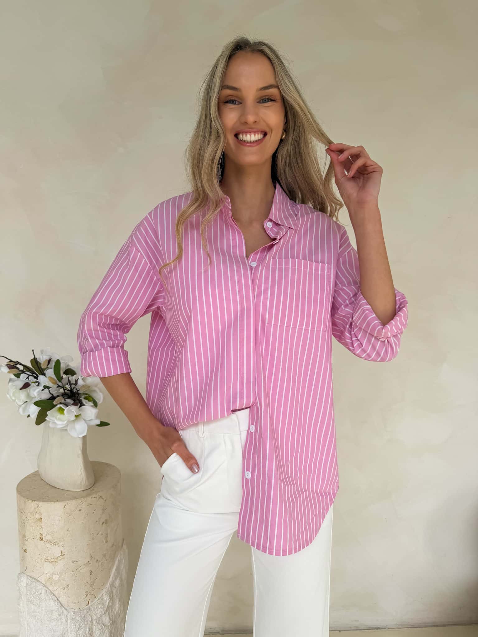 Ryleigh Shirt - Pink / White Stripe