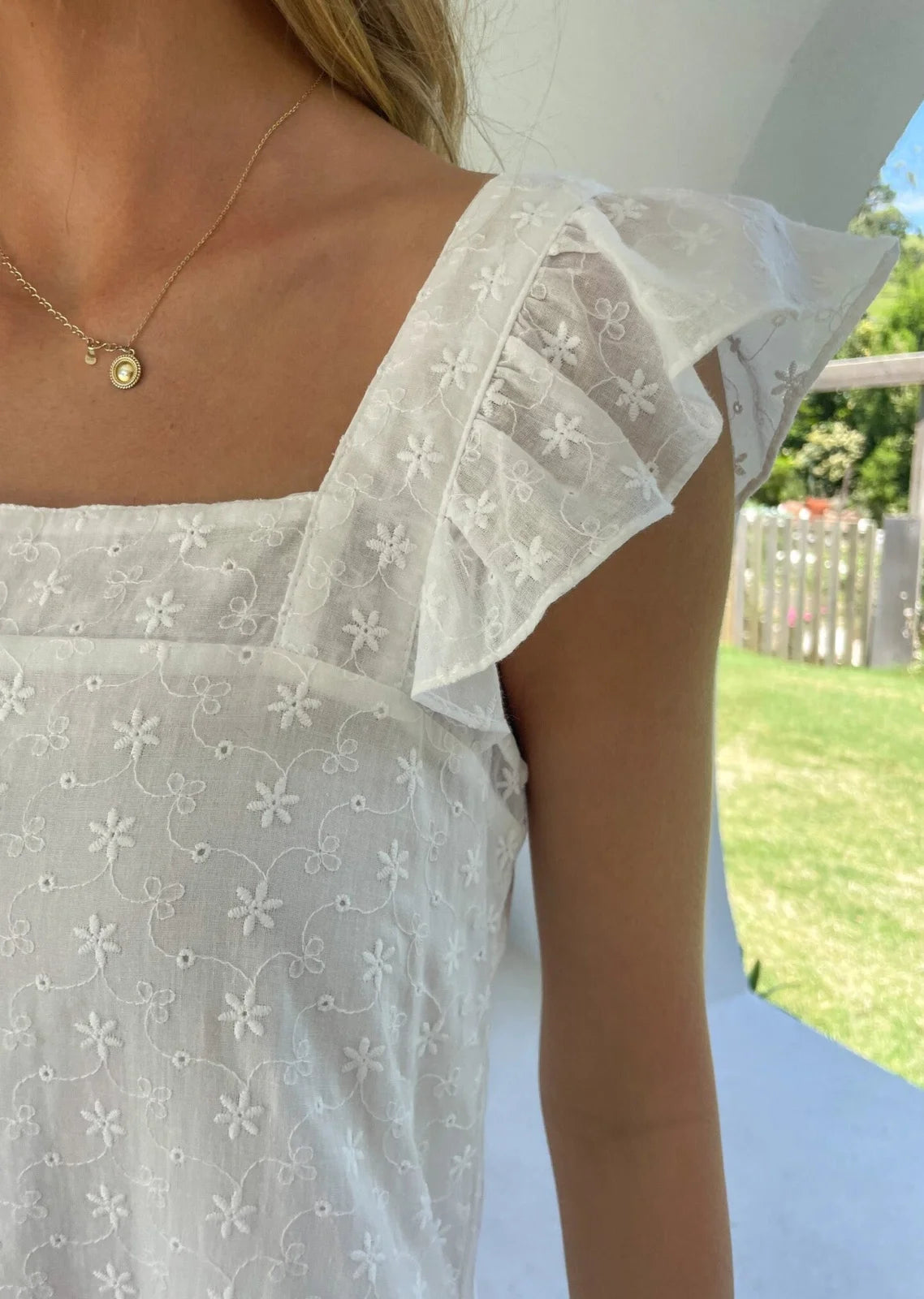 Sophia Frill Sleeve Dress - White Anglaise Mini