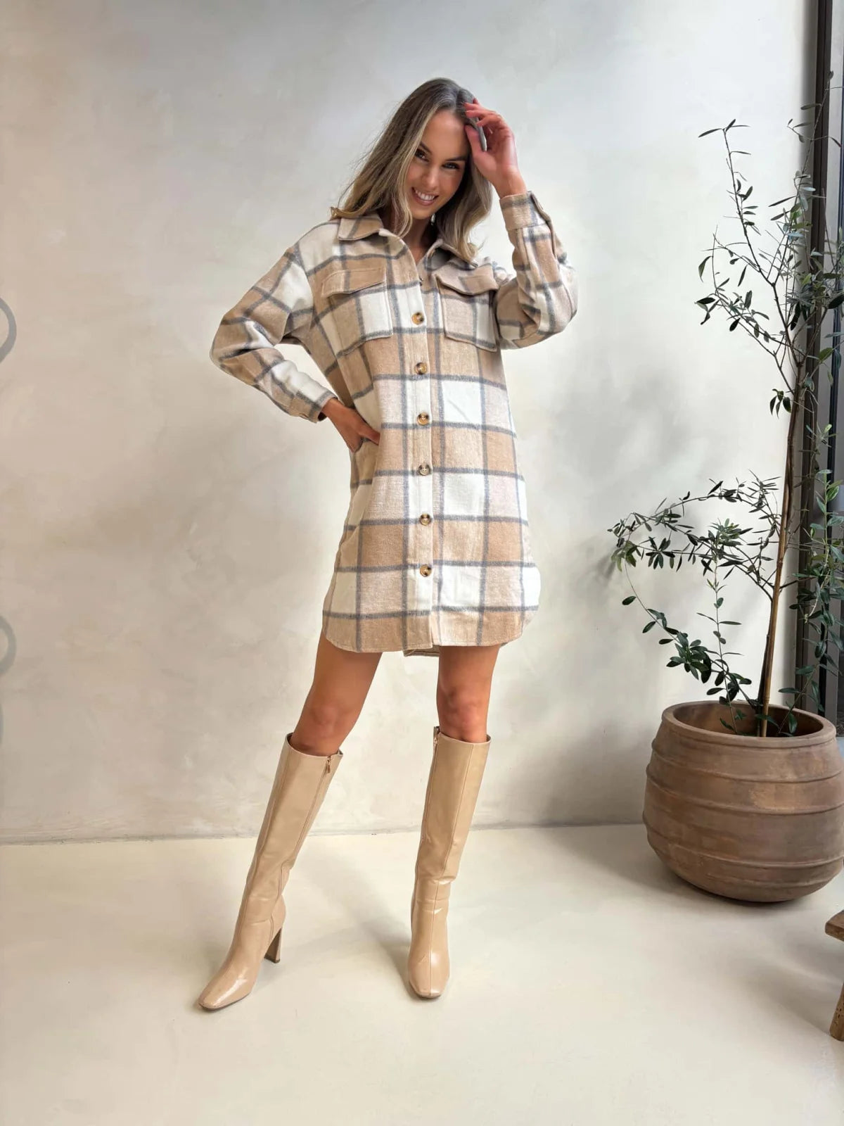 Kenzie Shacket - Beige Check Outerwear