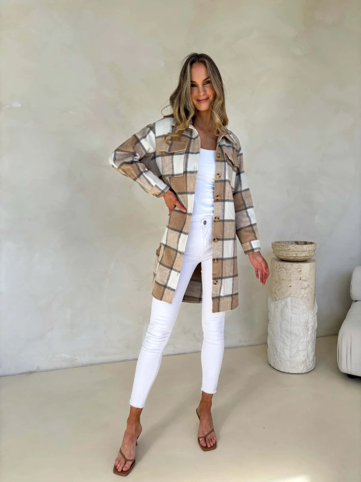 Kenzie Shacket - Beige Check Outerwear