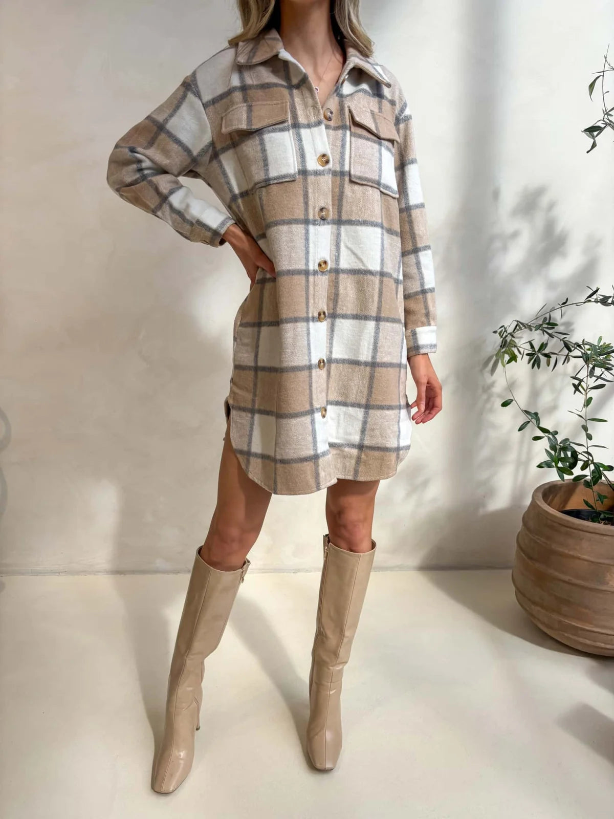 Kenzie Shacket - Beige Check Outerwear