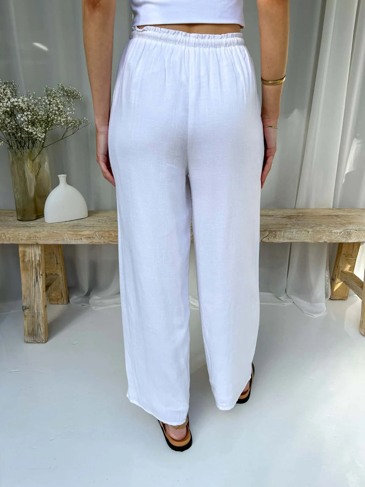 Linen Drawstring Pants - White Bottom