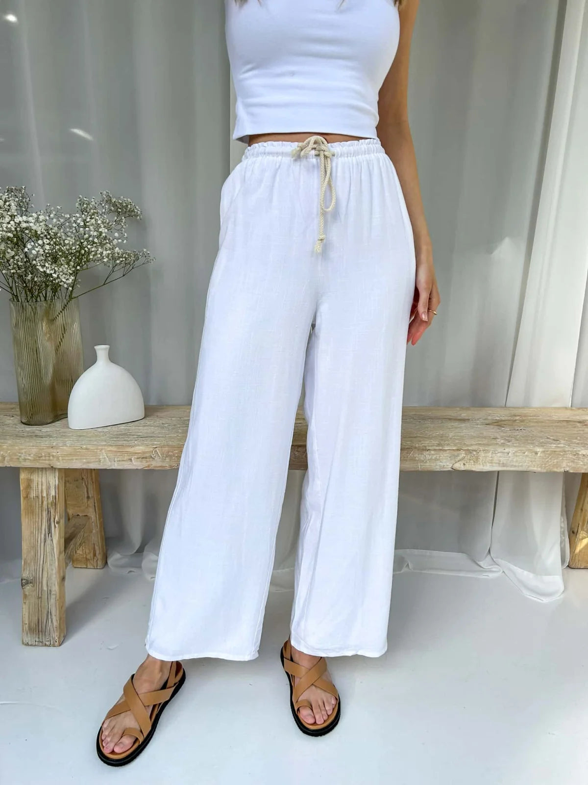 Linen Drawstring Pants - White Bottom
