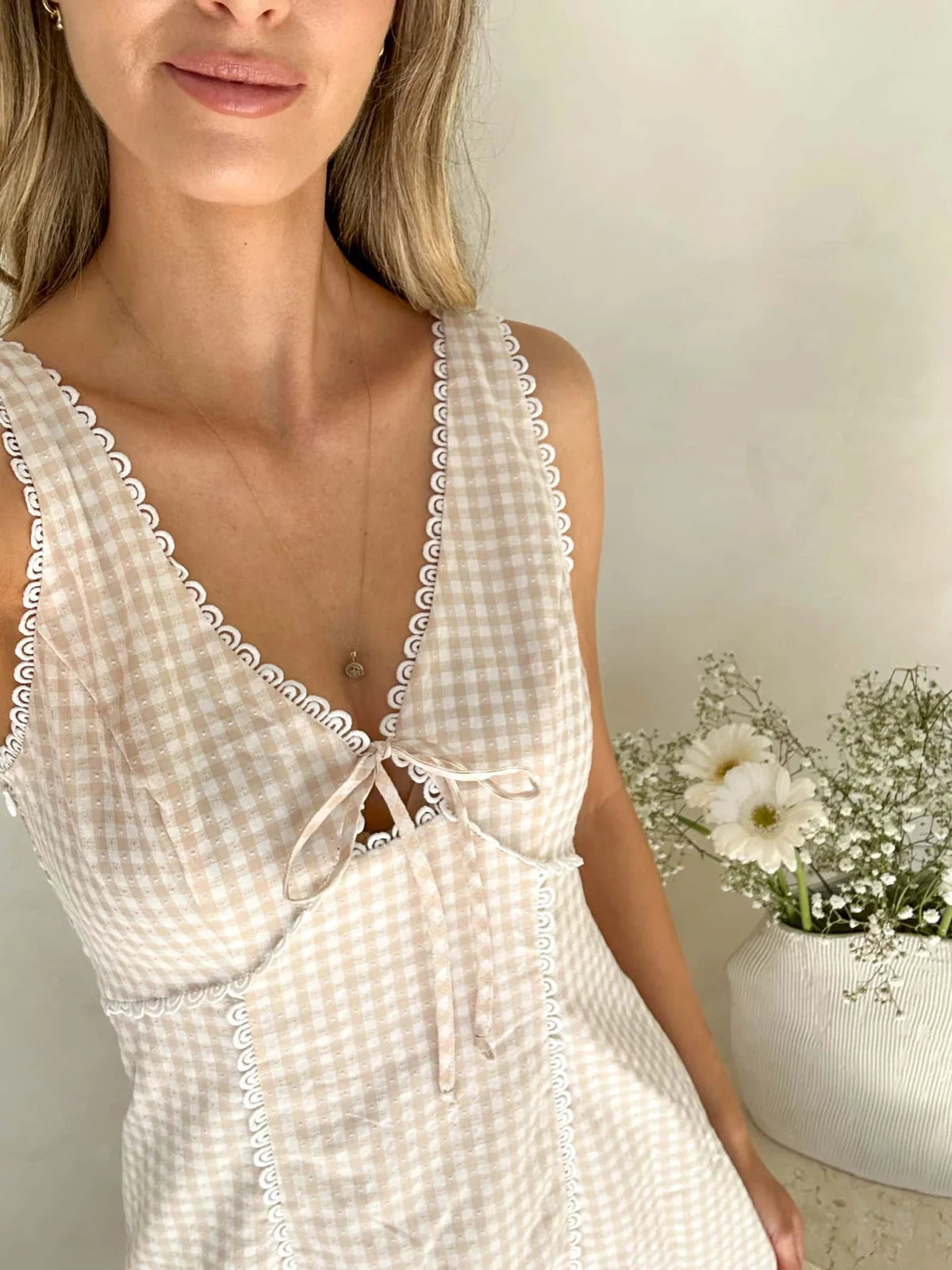 Margot Dress- Beige Gingham Dress