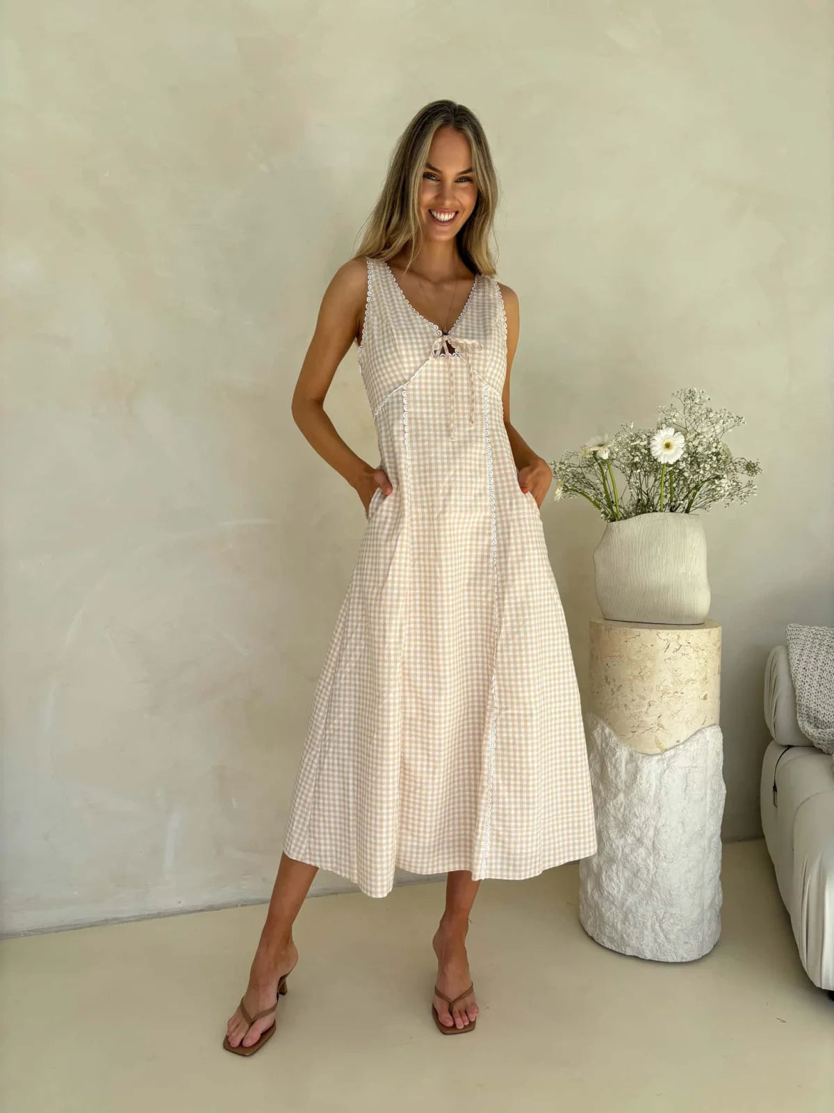 Margot Dress- Beige Gingham Dress