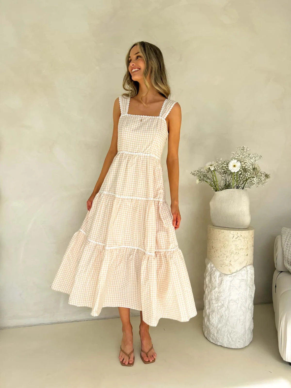 Nelli Maxi Dress - Beige Gingham Dress