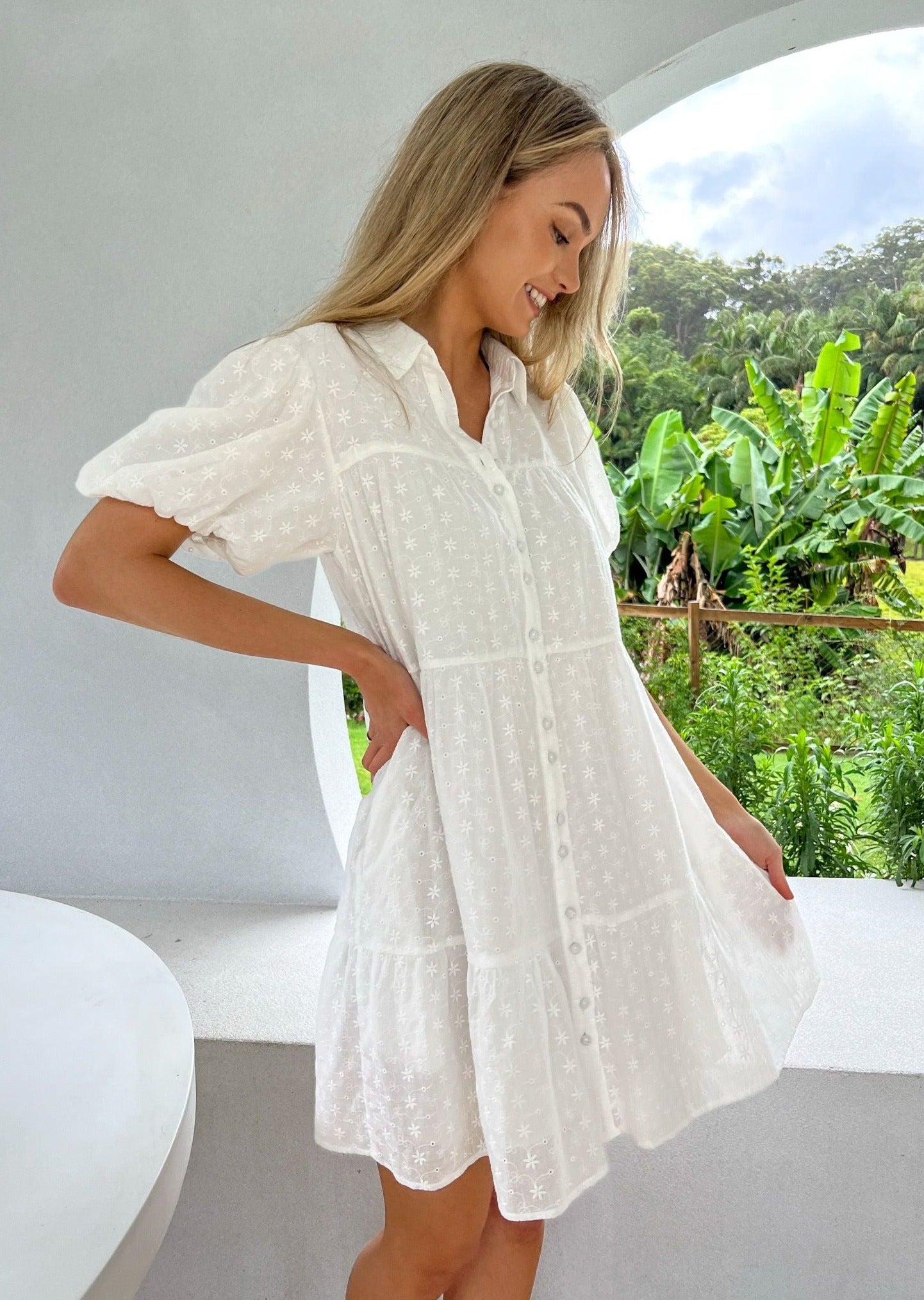 Mia Button Dress - White Anglaise